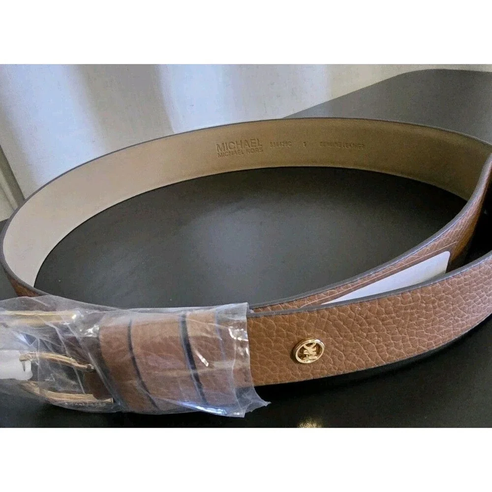 NWT Michael Kors Women’s Pebbled Leather Belt Brown Gold Buckle Size Small...